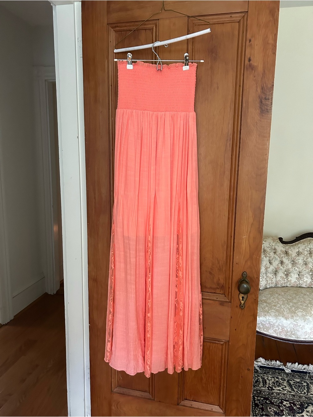 VENUS Coral Strapless Smocked Maxi Dress